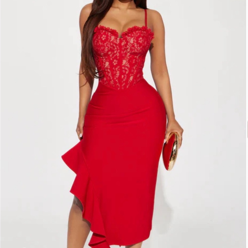 Fashion Nova Red Asymmetrical Lace Dress